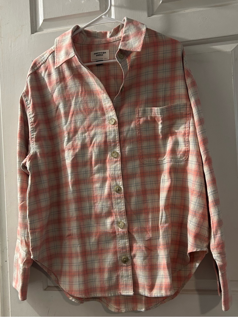 American Eagle Outfitters Pink and Cream Plaid Button-Down Shirt